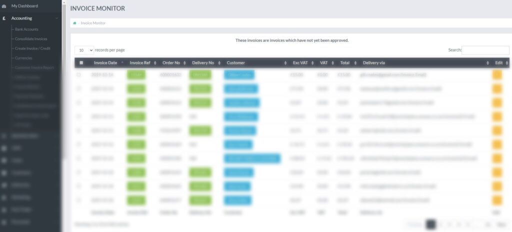 Example of the Invoice Monitor in Skynet ERP