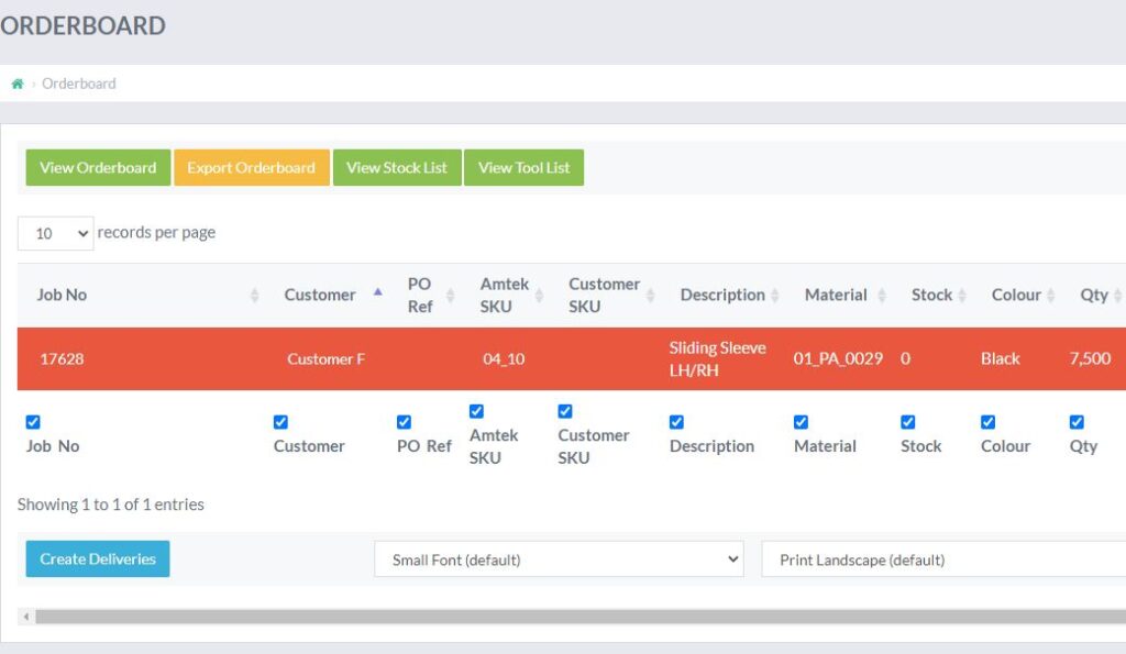 Example of the Orderboard in Skynet MRP