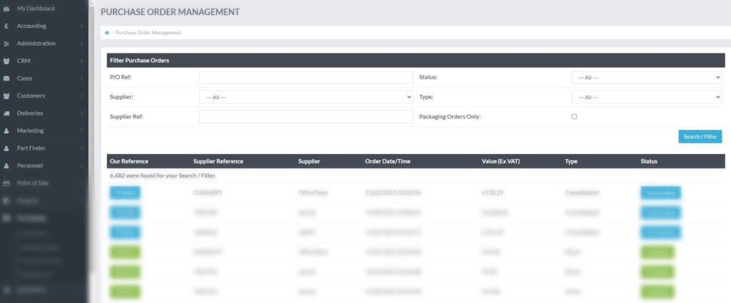 Example of the Shopping List in Skynet ERP