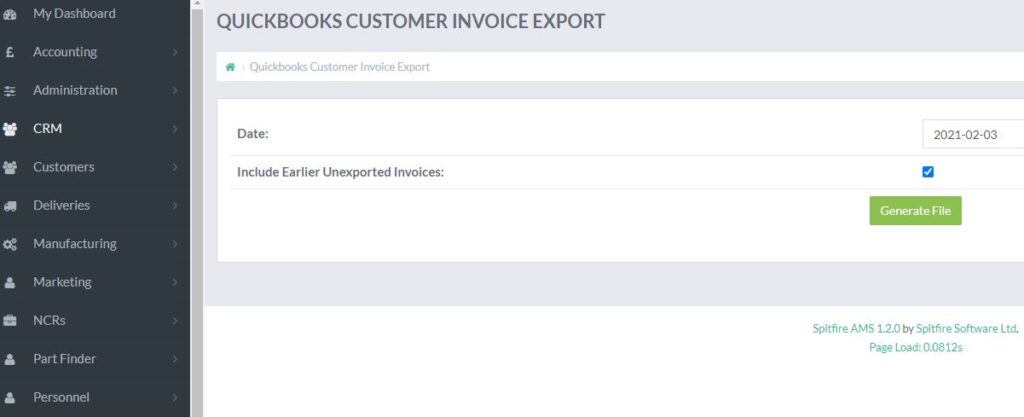 Example of the Quickbooks Invoice Export in Skynet MRP