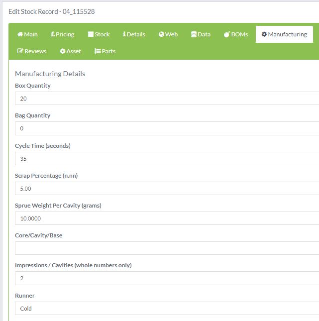 Example of editing a stock record in Skynet MRP with the Manufacturing tab open